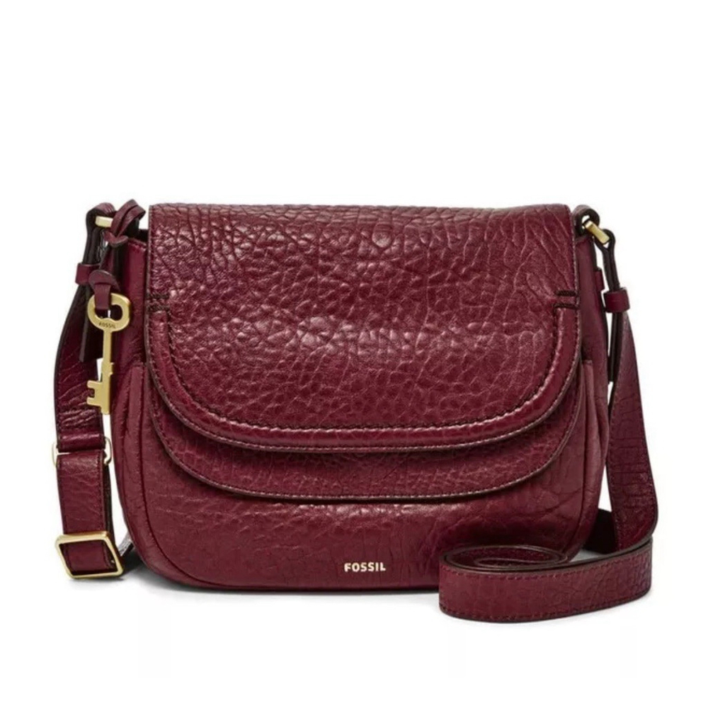 Fossil Peyton Purse Wine Color Leather Crossbody Double Flap Bag Key Charm